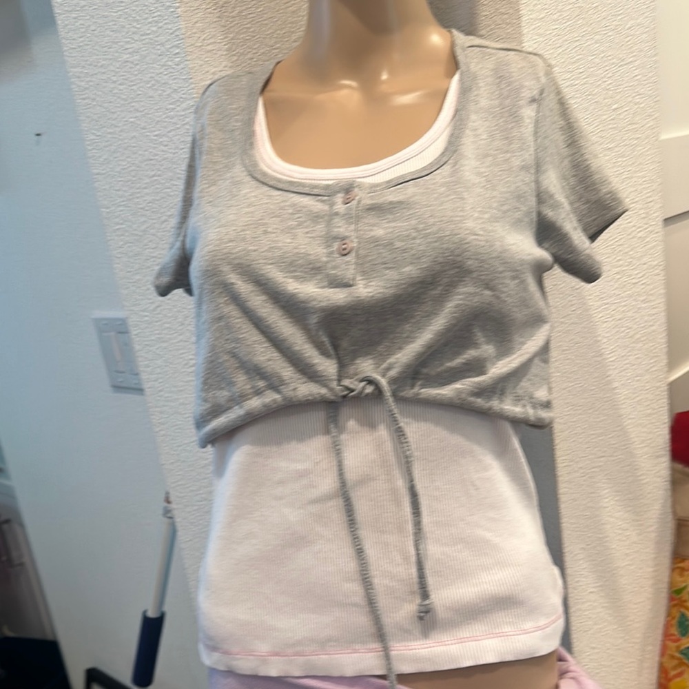Miken Gray Polo Crop Tee with Tie Front